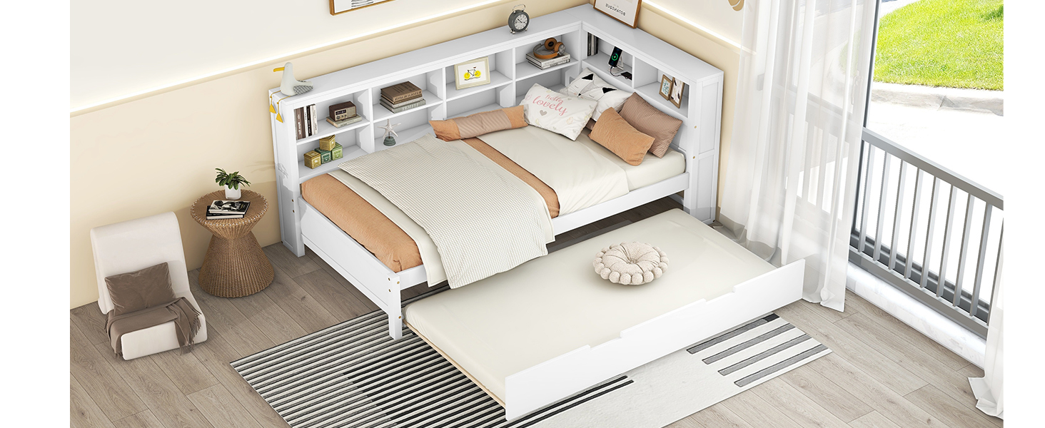 Wooden Twin Size Daybed With Twin Trundle, Storage Shelf and USB Charging Ports 20 Wooden Twin Size Daybed With Twin Trundle, Storage Shelf and USB Charging Ports