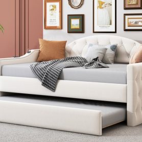 Twin Size Tufted Upholstered Daybed with Trundle