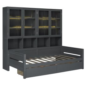 Twin Size Wooden Daybed With Glass-door Storage Cabinets, Built-in LED Lighting And Shelves