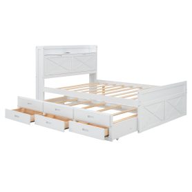 Full Size Wooden Bed With Storage Headboard With Outlets,  Twin Size Trundle With Three Storage Drawers