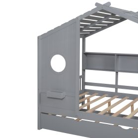Wooden Full Size House Bed With Trundle and Storage Shlef
