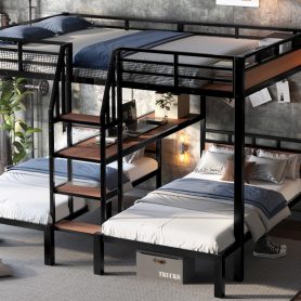 Metal Queen Over Twin Over Twin Bunk Bed With Storage Shelves And Storage Stairs