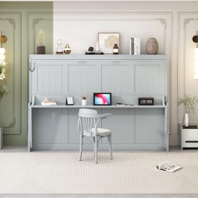 Queen Size Wall Bed with Hydraulic Lift & Desk Design