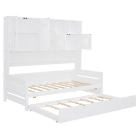 Twin Size Wooden Daybed With Twin Size Trundle, and All-in-One Cabinet and Shelf