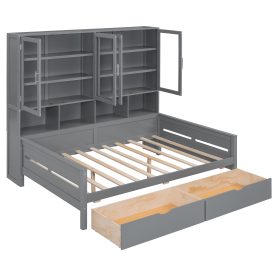 Full Size Wooden Daybed with Glass-Door Storage Cabinets, Built-in LED Lighting and Shelves