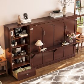 Queen Size Murphy Bed with Height Adjustable Storage Compartments and Shelf