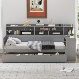 Wooden Twin Size Daybed With Storage Shelves, Two Storage Drawers  and  Study Desk