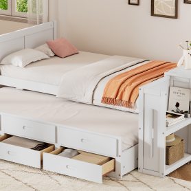 Twin Size Multifunctional Wood Platform Bed With Desk and Storage Shelf At The End Of The Bed, Built-in Trundle and 3 Drawers