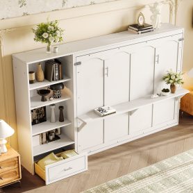 Queen Murphy Bed with Height Adjustable Storage Compartments and Shelf