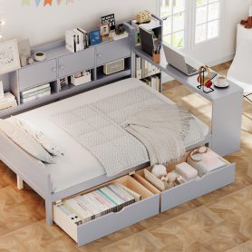 Wooden L-Shape Full Daybed Frame with Study Desk and Built-in Bookshelf