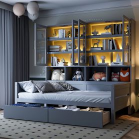 Twin Size Wooden Daybed With Glass-door Storage Cabinets, Built-in LED Lighting And Shelves