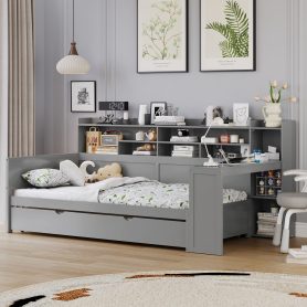 Wooden Twin Size Daybed With Storage Shelves, Twin Size Trundle Bed and  Study Desk