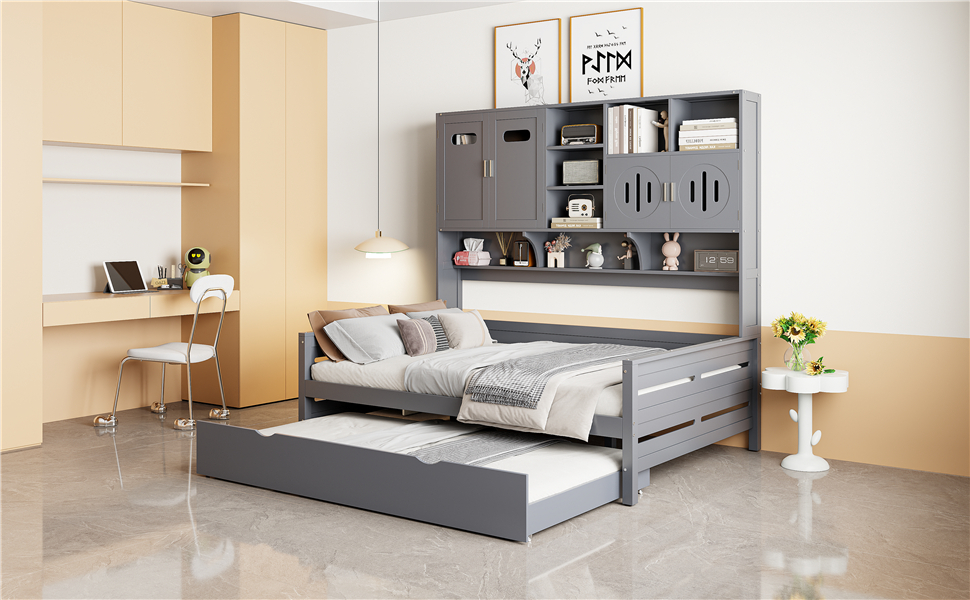 Full Size Wooden Daybed With Twin Size Trundle, and All-in-One Cabinet and Shelf 18 Full Size Wooden Daybed With Twin Size Trundle, and All-in-One Cabinet and Shelf