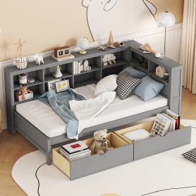 Wooden Twin Size Daybed With 2 Drawers, Storage Shelf And USB Charging Port 22 Wooden Twin Size Daybed With 2 Drawers, Storage Shelf And USB Charging Port