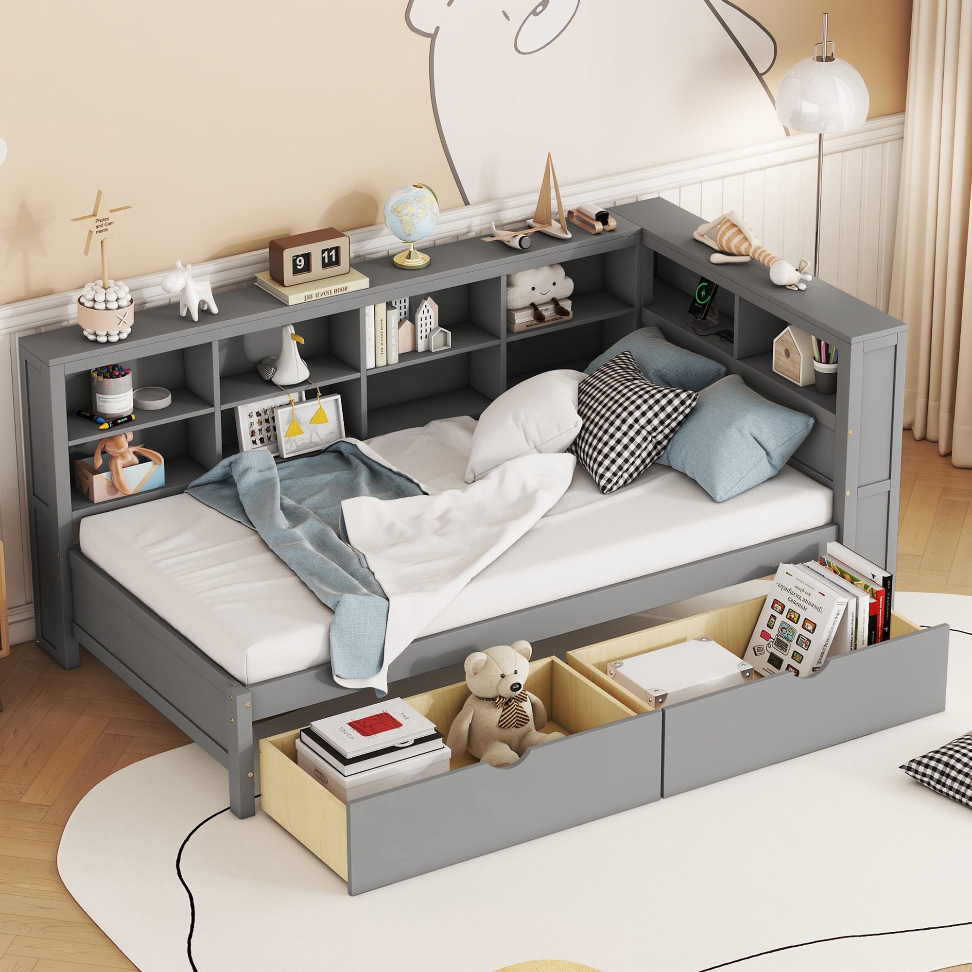 Wooden Twin Size Daybed With 2 Drawers, Storage Shelf And USB Charging Port 5 Wooden Twin Size Daybed With 2 Drawers, Storage Shelf And USB Charging Port