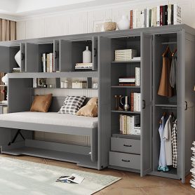 Twin Size Murphy Bed Wall Bed with Wardrobe, Cabinet and Desk