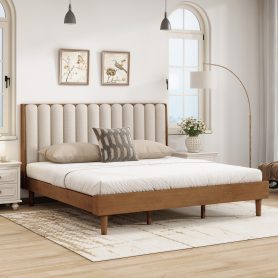 King Size Wood Bed with Piano Key Style Upholstered Headboard