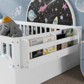 Twin Montessori Floor Bed Frame With High Rails, Light And Storage Shelf