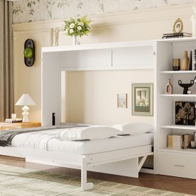 Queen Murphy Bed with Height Adjustable Storage Compartments and Shelf