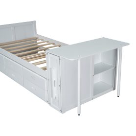Twin Size Multifunctional Wood Platform Bed With Desk and Storage Shelf At The End Of The Bed, Built-in Trundle and 3 Drawers
