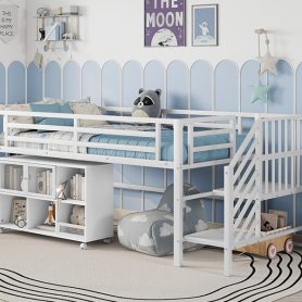 Twin Metal Low Loft Bed With Storage Cubby and Stairs