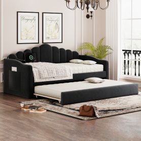 Twin Size Upholstered Daybed With Trundle , USB Charging Ports