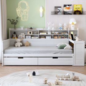 Wooden Twin Size Daybed with Storage Shelves, Two Storage Drawers And Study Desk