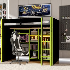 Full Size Wood Loft Bed with Desk, Open Wardrobe, Storage Compartments and RGB Lights