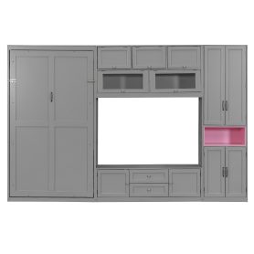 Twin Size Wooden Murphy Bed with TV Stand, 2 Drawers, Shelves, and Cabinets