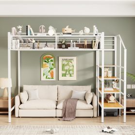 Twin Size Metal Loft Bed with Upper Grid Storage Shelf and Lateral Storage Ladder