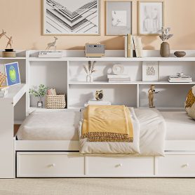 Twin Size Wooden Daybed With 3 Drawers, USB Ports And Desk