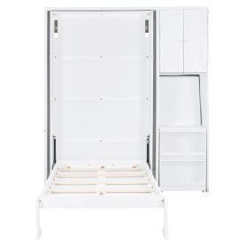 Twin Size Rotating Wall Murphy Beds with Bookshelf, Top Cabinet, Extendable Desk & Side Storage