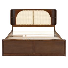Queen Size Rattan Headboard Bed with Two Drawers and Trundle