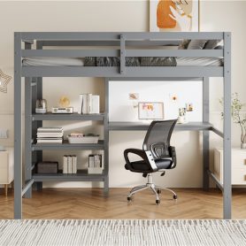 Twin Size Wooden Loft Bed with Shelves, Desk and Writing Board
