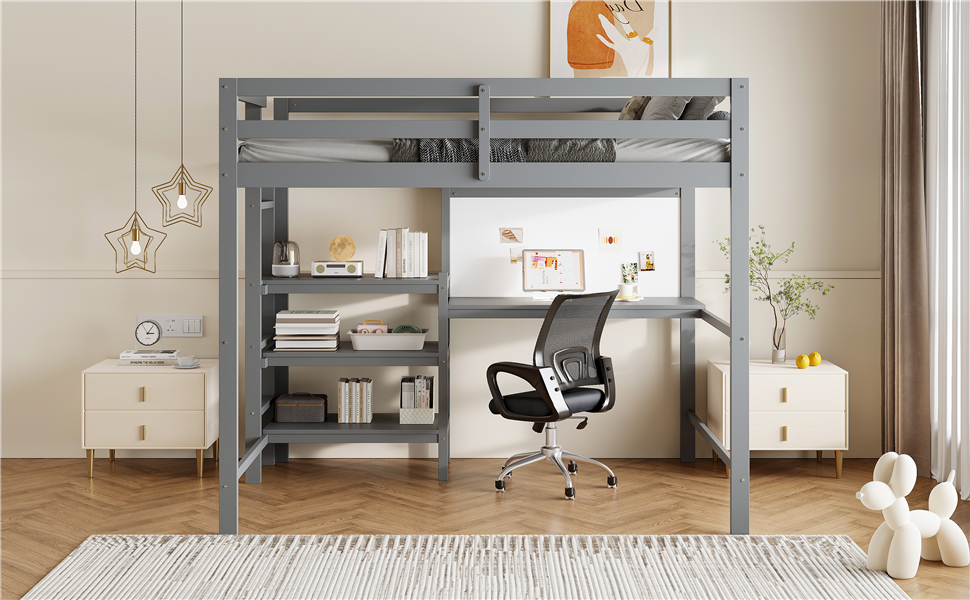 Twin Size Wooden Loft Bed with Shelves, Desk and Writing Board