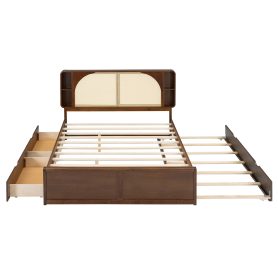Queen Size Rattan Headboard Bed with Two Drawers and Trundle