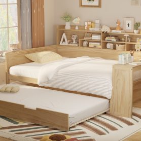 Wooden Full Size Daybed With Storage Shelves, Trundle Bed And Study Desk 34 Wooden Full Size Daybed With Storage Shelves, Trundle Bed And Study Desk