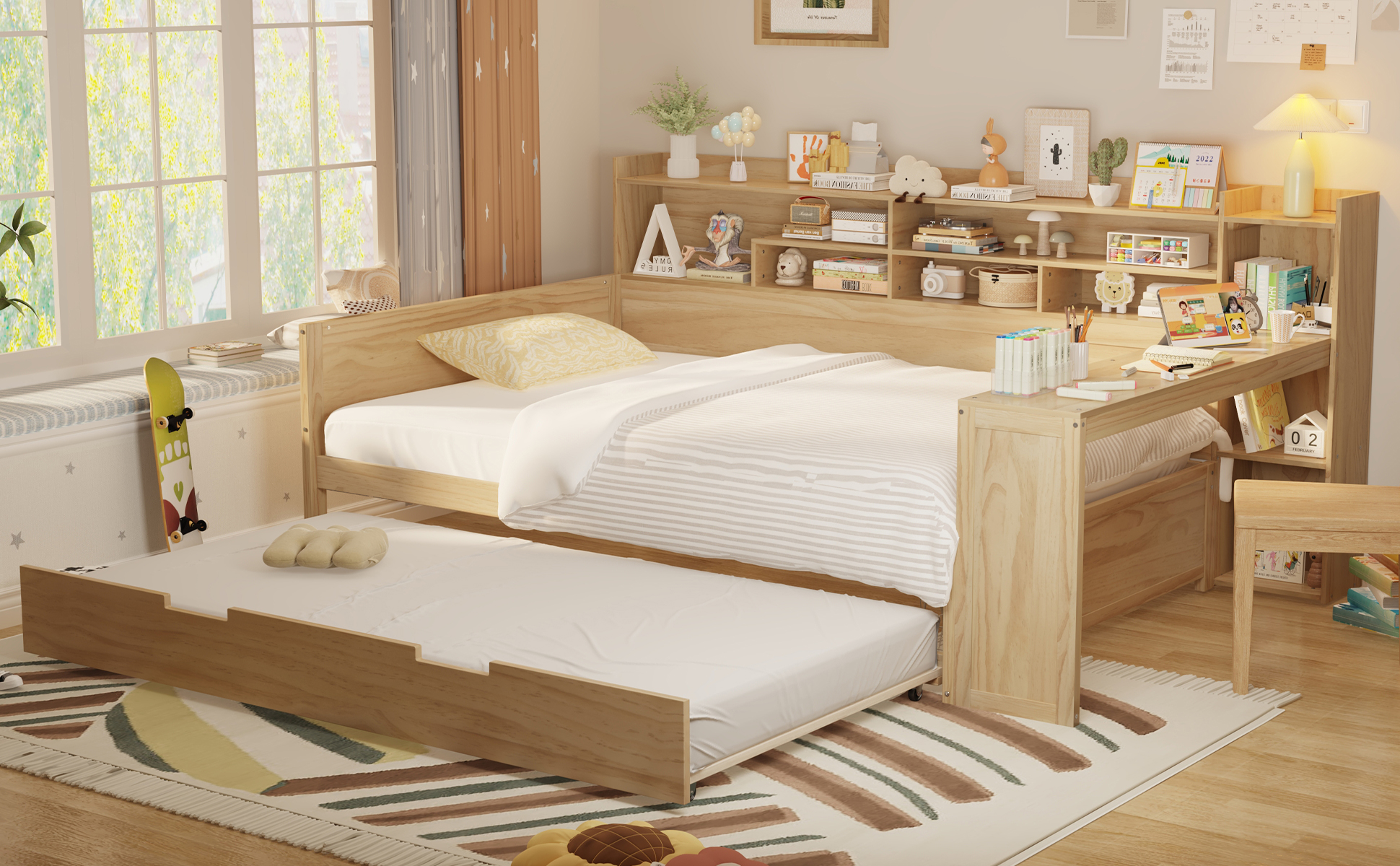 Wooden Full Size Daybed With Storage Shelves, Trundle Bed And Study Desk 16 Wooden Full Size Daybed With Storage Shelves, Trundle Bed And Study Desk
