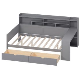 Wooden Full Size Daybed With Storage Shelves, Two Storage Drawers and Study Desk