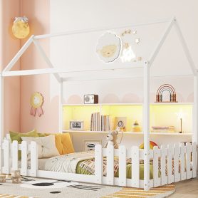 Wood Twin Size House Bed With LED Light, Storage Bookshelf, and Guardrails