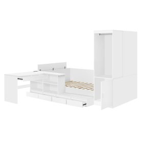 Full Size Wooden Platform Bed With 6 Drawers, Shelves, Desk And Wardrobe