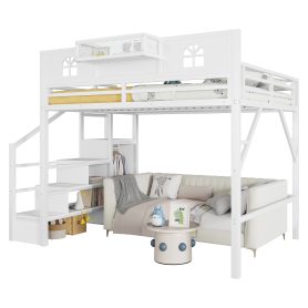 Metal Queen Loft Bed With High And House Shaped Guardrails