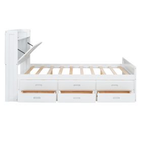 Full Size Wooden Bed With Storage Headboard With Outlets,  Twin Size Trundle With Three Storage Drawers