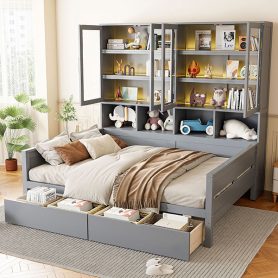 Full Size Wooden Daybed with Glass-Door Storage Cabinets, Built-in LED Lighting and Shelves