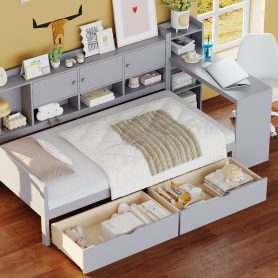 Wooden L-Shape Twin Daybed Frame with Study Desk and Built-in Bookshelf