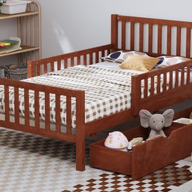 Twin Size Wood Platform Bed With Guardrails On Both Sides and Two Storage Drawers