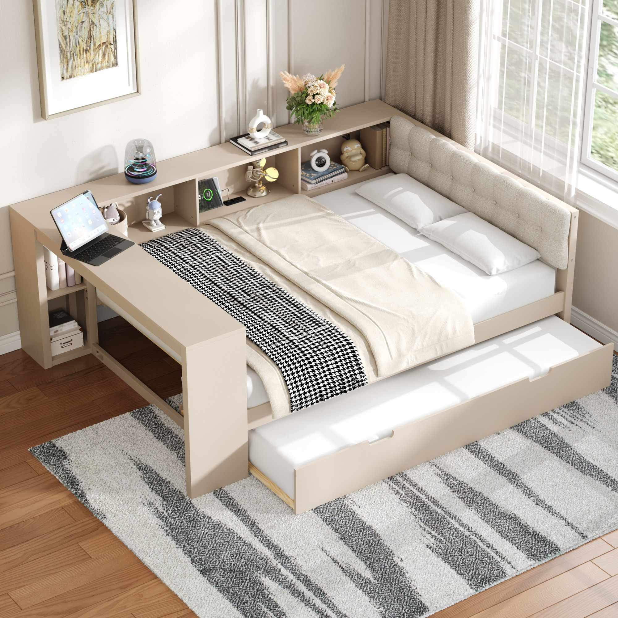 Assembly Instruction For N709P004024C 9 Wood Full Size Platform Bed with Storage Shelves, Trundle, Charging Station and Upholstered Headboard