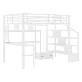 Metal Full Size Loft Bed With LED Light, Charge Station, Desk And Staircase