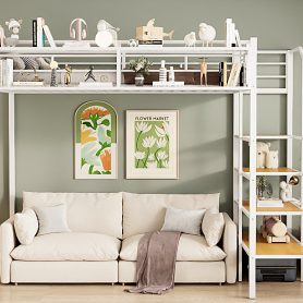 Twin Size Metal Loft Bed with Upper Grid Storage Shelf and Lateral Storage Ladder