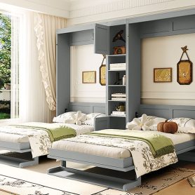 Dual Twin Size Wall Murphy Beds With Cabinets And Shelves
